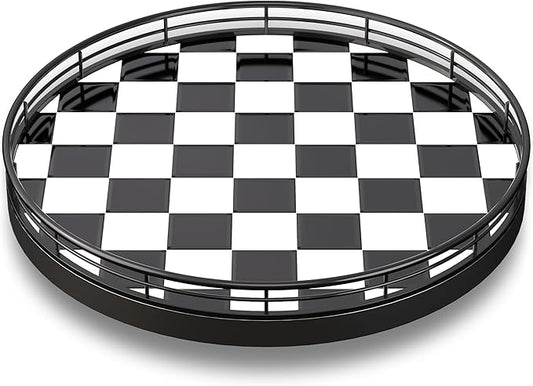 10.2-Inch Black & White Checkerboard Lazy Susan Organizer – Rotating Serving Tray with Oak Base, Iron Frame, & Ceramic Tile –Perfect for Dining Table, Kitchen Cabinet, Bathroom Countertop, Home Décor