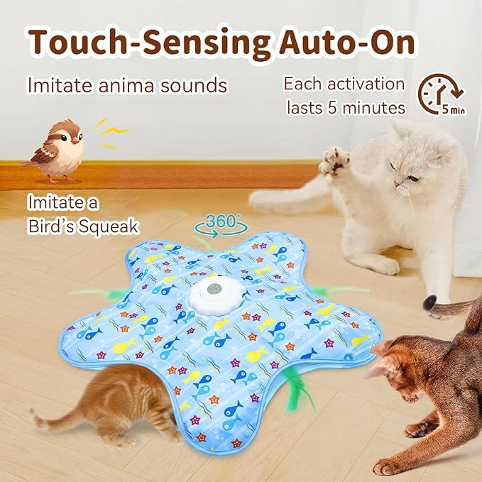 Cat Toys for Indoor Cats,Rechargeable Interactive Cat Toy with Touch-Activated Hide and Seek,Fluttering Feather and Mouse Squeaker for Bored Indoor Adult Cats Easter Gifts Blue