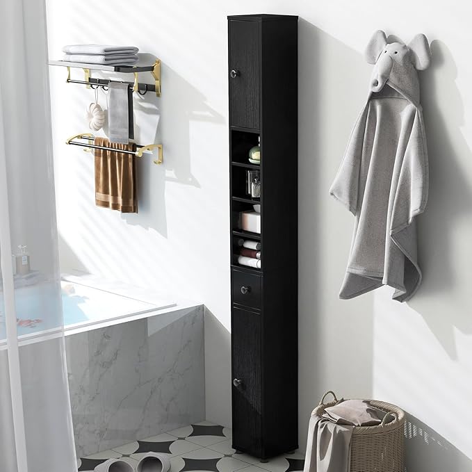 SIMOE Tall Bathroom Storage Cabinet, 8" Slim Narrow Floor Cabinet with 5 Adjustable Shelves & Drawer, 32.5lbs Heavy-Duty 71" Freestanding Skinny Linen Tower for Small Spaces, Moisture-Proof, Black