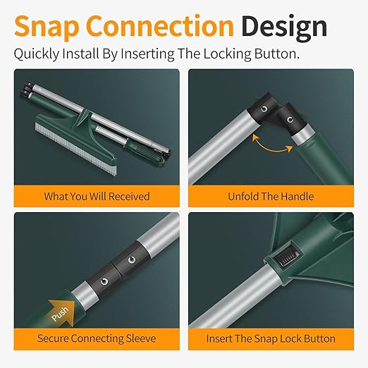 Artificial Grass Turf Rake with Foldable Lightweight Steel Handle, 51" Folding Turf Brush for Carpet Cleaner with Ergonomic Design, Suitable for Pet Hair Removal, Silver Handle and Green Head