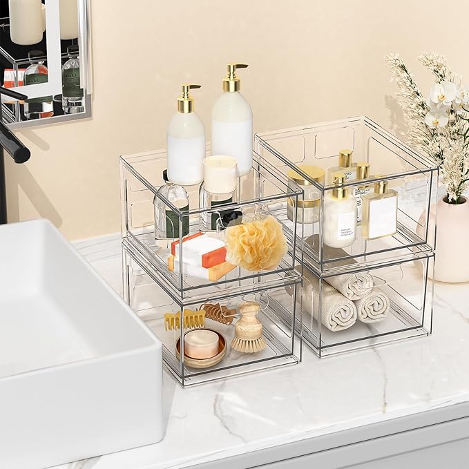 6 Pack Stackable Plastic Makeup Organizer Drawers, Acrylic Organizers, Clear Storage Bins with Pull-Out Handles for Vanity, Kitchen Cabinets, Pantry