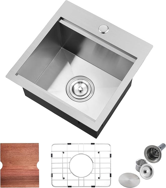 17 Stainless Steel Kitchen Bar Sink, Doirteal 17x19x9 Inch Single Bowl Drop in Workstation Kitchen Sink, Top Mount 17 Inch Small Bar Sinks Outdoor Wet Bar Prep Sinks With Accessories BL83-1
