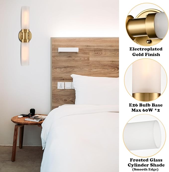 20-Inch Gold Bathroom Light Fixtures Wall Sconce with Frosted Glass Shade Modern 2-Light Cylinder Vanity Lights Brass Glass Sconces Wall Lighting for Living Room Bedroom