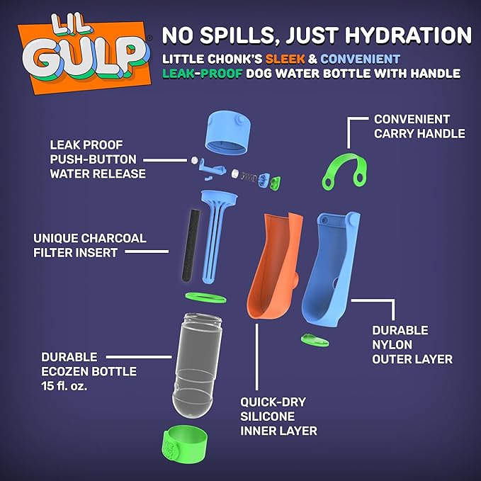 Lil Gulp Dog Water Bottle | Advanced Carbon Filtration for Safe Filtered Water on The Go | BPA-Free Leak-Proof Portable Dog Travel Water Bottle with Retractable Water Spout, 15 Fl oz - Power Punch