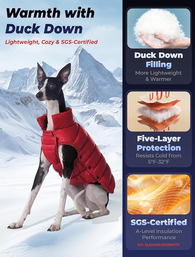 SPACE LION Dog Puffer Jacket, Down Winter Coat, Durable Outdoor Coat for Cold and Windy Conditions, Lightweight & Adjustable Fit Coats for Medium Dogs, (Red, Size14/L)