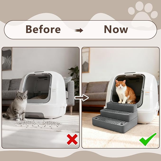 Adjustable 3 Steps Cat Ramp for Litter Box, Detachable Cat Pedal Step Stool with Filter Function, Double Layered Cats Litter Trapper, Suitable for Small&Elderly Cats, Non-Slip(Dark Grey)
