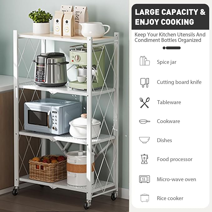 Folding Shelf Foldable Shelves with Wheels - Folding Shelves No Assembly , Collapsible Shelf Unit Display, Kitchen Organizers and Storage, Pop Up Heavy Duty Rack , 4-Tier White 28"D x 14"W x 49"H