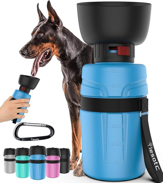lesotc 2nd Gen Portable Dog Water Bottle – 21oz Leakproof 2-in-1 Collapsible Bowl, BPA-Free