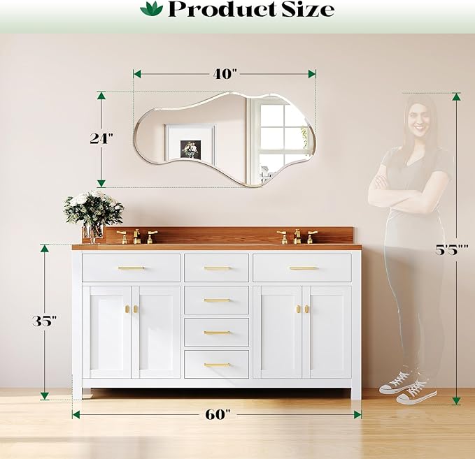 Irregular Wall Mirror, 24”x40” Frameless Asymmetrical Mirror, Beveled Frameless Funky Wavy Wall Mirrors for Entry Way Modern Bathroom Bedroom Living Room