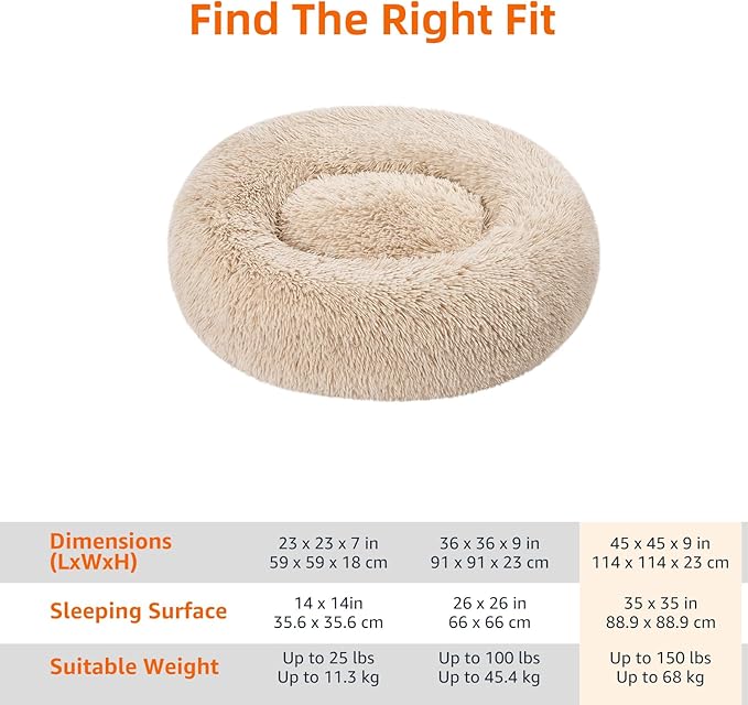 Amazon Basics Donut Pet Bolster Faux Fur Bed for Dog, Beige, 45" x 45"