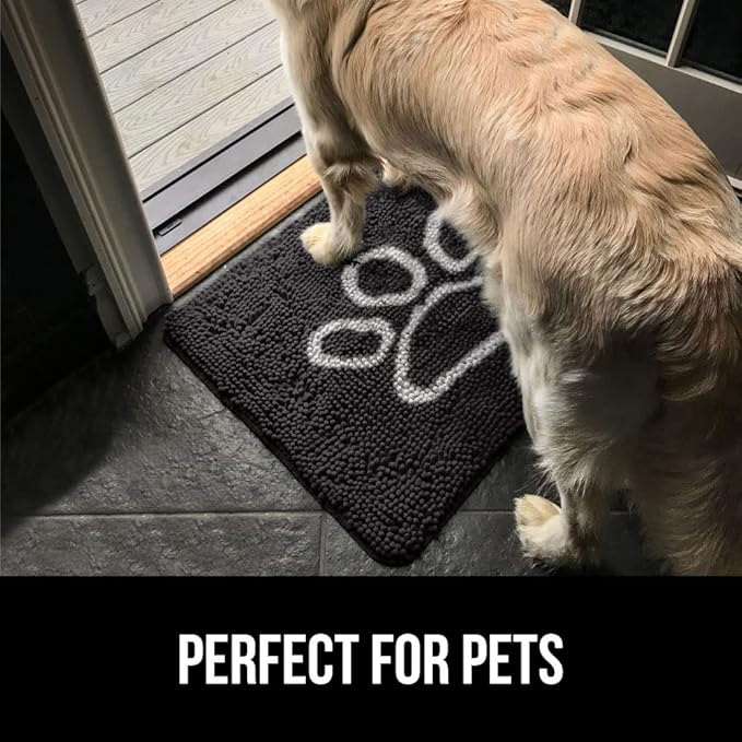 GORILLA GRIP SoakSTOPPER Dog Door Mat, 30x20 Machine Washable Rug Absorbent Doormat Captures Moisture Mud Dirt, Quick Dry Soft Chenille Entryway Rugs Indoor Entrance Mats for Dog Paws, Black White