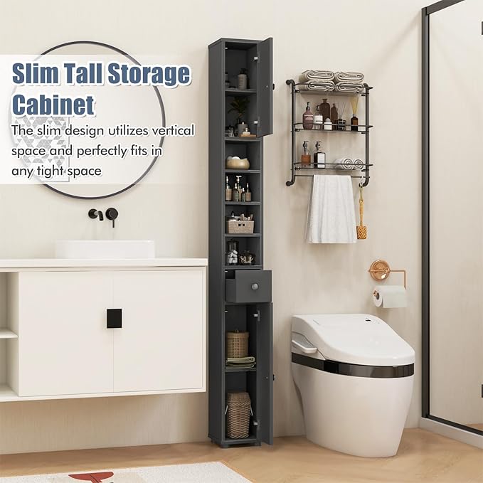LDAILY 71”Tall Narrow Storage Cabinet, Skinny Bathroom Storage with 1 Drawer, 2 Doors, 5 Adjustable Shelves and Anti-Tipping Device, Wooden Slim Bathroom Cabinet for Office, Kitchen, Small Space