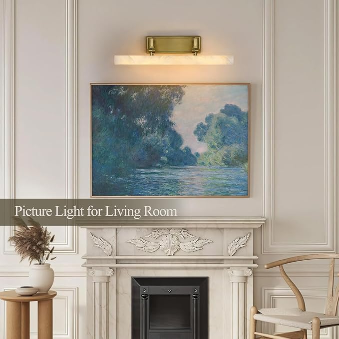 Alabaster Vanity Lights, 20in Marble Bathroom Vanity Sconces, Modern Wall Picture Lights Hardwired, Dimmable Brush Gold Art Light, Brass Picture Frame Light for Artwork Poster Library Photo Display