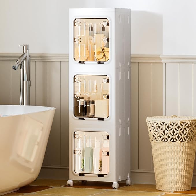 JEKO&JEKO 146 Qt Narrow Bathroom Storage Cabinet, 3-Tier Slim Tall Cabinet Organizer with Wheels, Foldable Plastic Storage Bin for Small Spaces, White