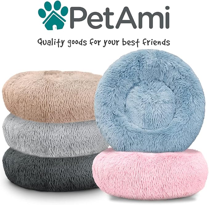 PetAmi Calming Dog Bed for Small & Medium Dogs and Cats, 30 Round Donut Dog Bed, Washable Fluffy Faux Fur Puppy & Cat Bed, Anti-Anxiety Plush Cuddler Pet Bed with Anti-Slip Bottom - Pink