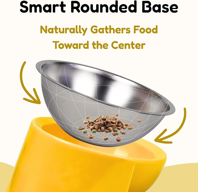 Tilted Dog Bowl for Flat-Faced & Senior Dogs, 15° Slanted Stainless Steel Dog Food Bowl, Elevated Pet Feeder for Small & Medium Dogs, Comfortable Eating Design (Yellow, M (420 ML / 1.5 Cups))
