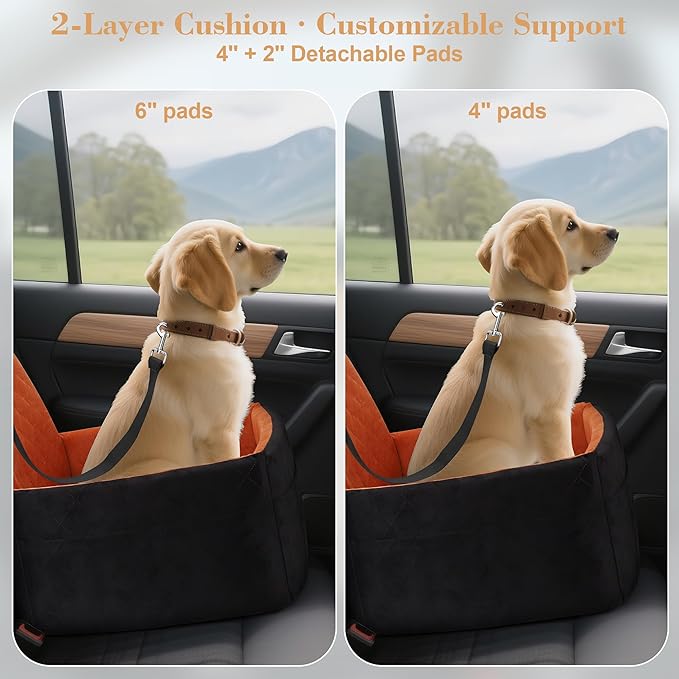Dog Car Seat for Small/Medium Dogs,Pet Dog Booster Car Seat Puppy 15-35 lbs with Soft 4+2in Detachable Pads Detachable Elevated Cushion and Washable Cover Brown
