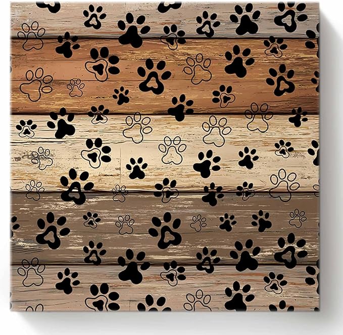 Framed Canvas Wall Art for Living Room Dog Paw Print Wall Decor, Retro Brown Wood Grain Aesthetic Paintings for Bedroom Office Kitchen Bathroom, Ready to Hang Artwork Wall Pictures 20x20 Inch