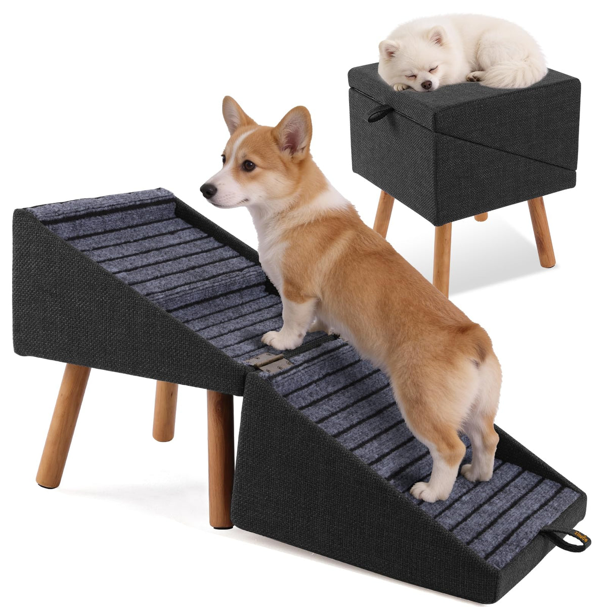 Dog Stairs for Small Dogs, 2-in-1 Dog Safety Ramp and Ottoman - Image 1