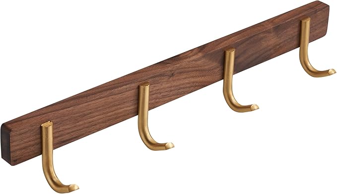 SARIHOSY] Wall Mounted Coat Rack,Multi Hook Hangers,Entryway Hanging Coat Rack,Metal Wood Coat Rail with 4 Hooks，Walnut Wood,zinc Alloy,Bedroom,Bathroom,Foyer,Living Room,Metal Household Items