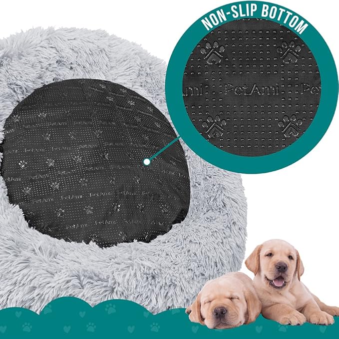 PetAmi Calming Dog Bed for Small & Medium Dogs and Cats, 23 Round Donut Dog Bed, Washable Fluffy Faux Fur Puppy & Cat Bed, Anti-Anxiety Plush Cuddler Pet Bed with Anti-Slip Bottom - Light Gray