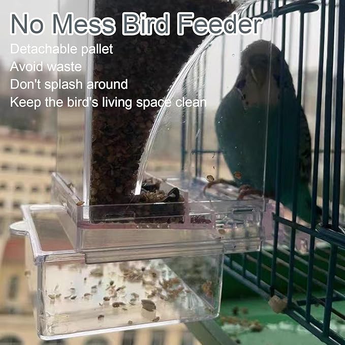 No Mess Bird Feeder Water Dispenser Set, SHGNUY Automatic Transparent Parrot Feeder Acrylic Parrot Food Container Drinker Cage Accessories for Small Birds Canary Parakeet Finch (Dark Green, 1)