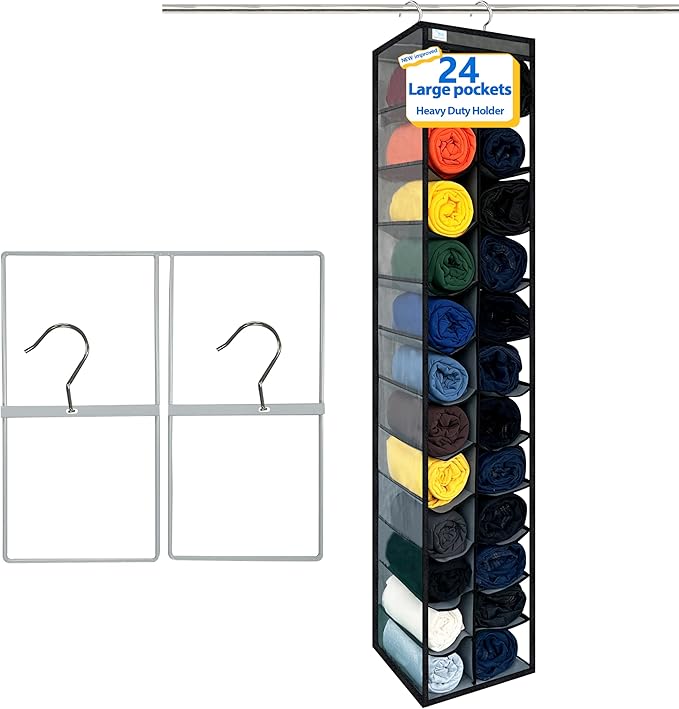 Closet Organization,24 Section, Hanging Closet Organizer, Space Saving, College Dorm Essentials for Girls, Heavy dutys Hooks Up to 45 Pounds, Clothes Storage,Closet Organizer,Grey/Black
