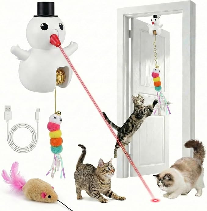 Luxelle Interactive Cat Toy for Indoor Cats, Automatic Hanging Cat Toy with 6.5ft Retractable Elastic Cord, Motion & Laser Play Modes, USB Rechargeable, Wall & Door Mount Toy