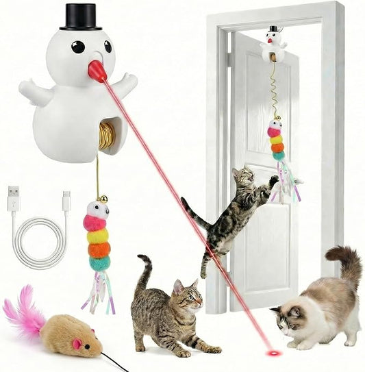 Luxelle Interactive Cat Toy for Indoor Cats, Automatic Hanging Cat Toy with 6.5ft Retractable Elastic Cord, Motion & Laser Play Modes, USB Rechargeable, Wall & Door Mount Toy