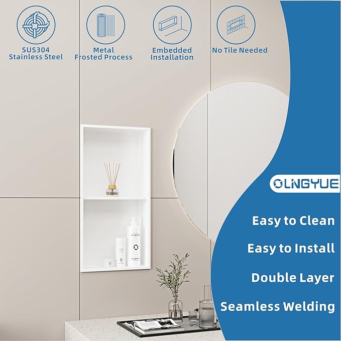 Bathroom Shower Niche Stainless Steel: No Tile Needed Double Layer - 12"x24" Recessed Wall Niches Shelves for House Decoration - Matte White