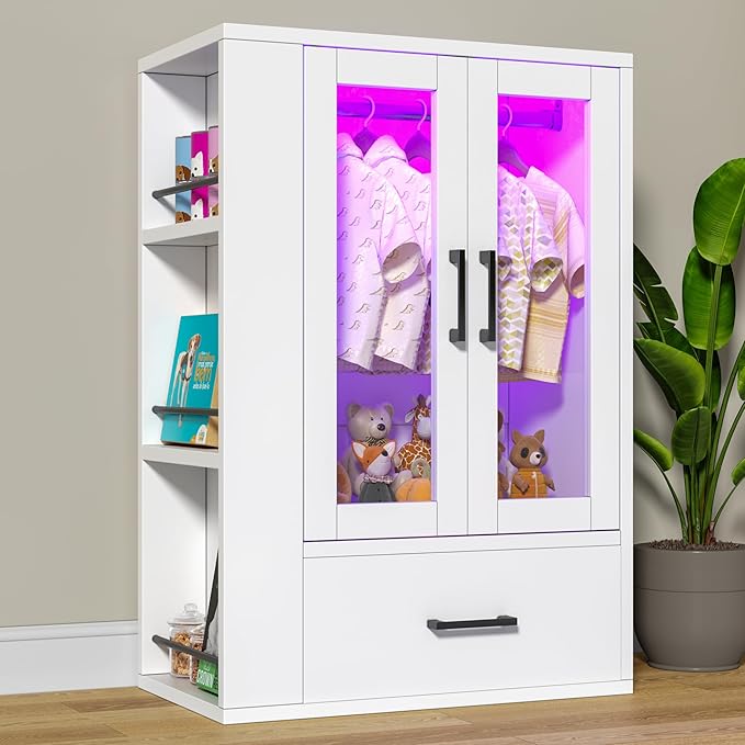 Pet Wardrobe Closet with LED Light, Side Storage Shelves & Drawer, White Pet Clothes Organizer Cabinet with Hanging Rod, Multi-Functional Pet Closet for Dogs & Cats Clothing, Toys