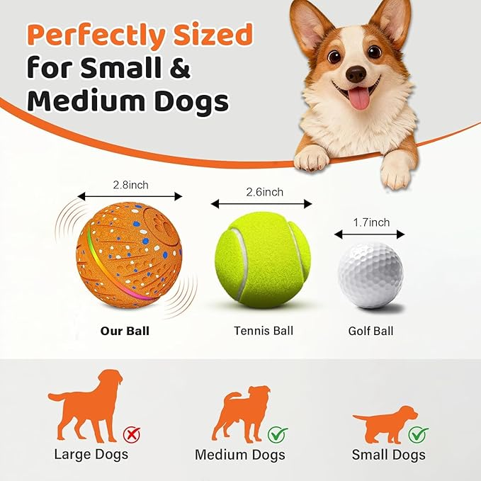 Interactive Dog Toys Dog Ball - Smart Moving Bouncing Dogs Ball with RGB Lights, E-TPU Material, 3 Play Modes Automatic Rolling Balls Toy for Small Medium Dogs Keep Them Busy(Orange)