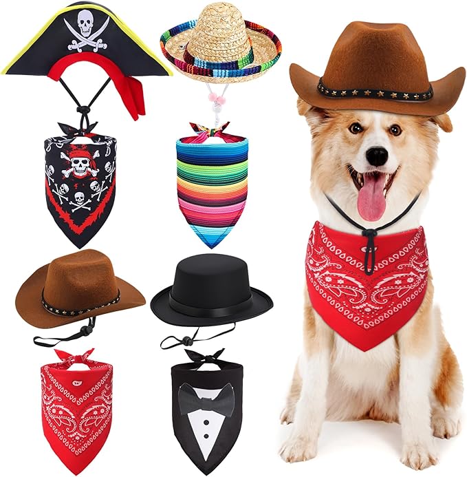 Eccliy 4 Sets Dog Costume Outfit Pirate Dog Hat Formal Tuxedo Bandana Collar Pet Cowboy Hat Mexican Sombrero Hats for Fiesta Halloween Wedding Outfit Accessories Photo Prop Party Supplies