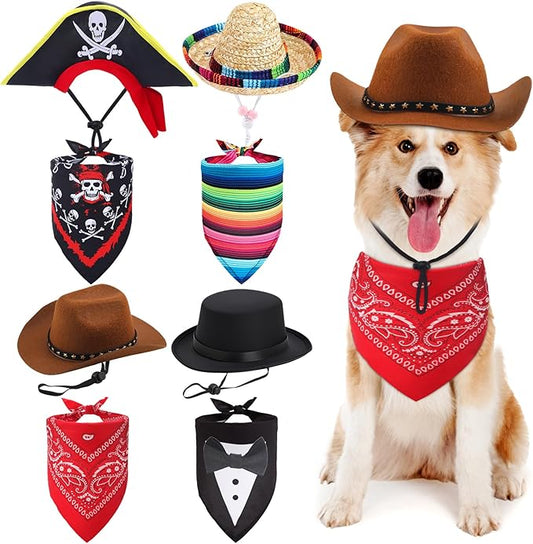 Eccliy 4 Sets Dog Costume Outfit Pirate Dog Hat Formal Tuxedo Bandana Collar Pet Cowboy Hat Mexican Sombrero Hats for Fiesta Halloween Wedding Outfit Accessories Photo Prop Party Supplies