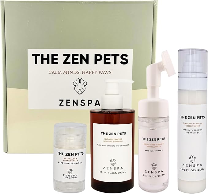 ZenSpa 4-in-1 Dog Spa Kit | Oatmeal Shampoo, Conditioner, Paw Cleanser and Nose Balm | Hypoallergenic Natural Formula for Sensitive Skin | All Breeds and Puppies