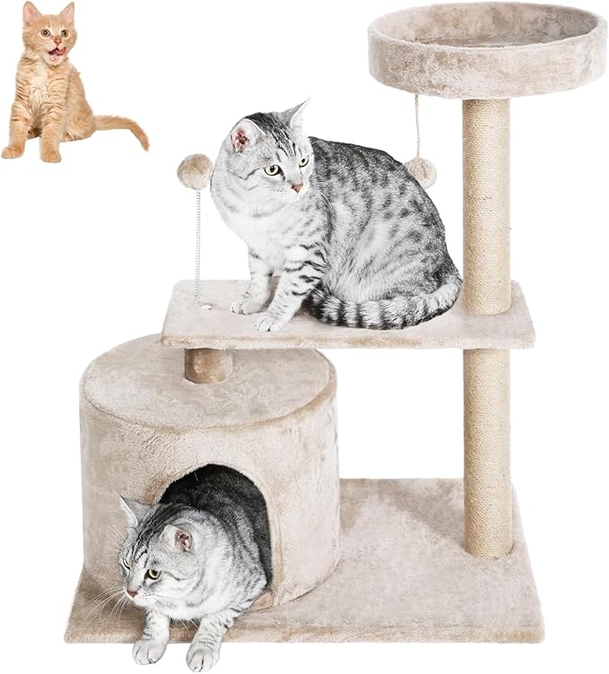 FluffyDream 31 Inch Small Cat Tree Tower for Indoor Cats, Plush Cat Tower with Large Condo, Deep Hammock and Sisal Scratching Post for Kittens, Beige