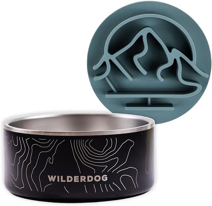Wilderdog Slow Feeder & Stainless Steel Dog Bowl Set – Black 64 oz BPA-Free Kitchen-Grade Steel with Non-Slip Base – Feeder Promotes Healthy Digestion – Fits 7"+ Bowls – Dishwasher Safe