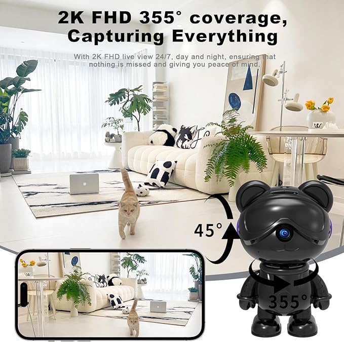 Cute Bear 2K Home Security Camera – Motion Monitor, Baby Cry Detection,Privacy Mode,5G Dual-Band,Pan & Tilt,Night Vision,24/7 Recording,2-Way Audio,Compatible with Alexa & Google Assistant