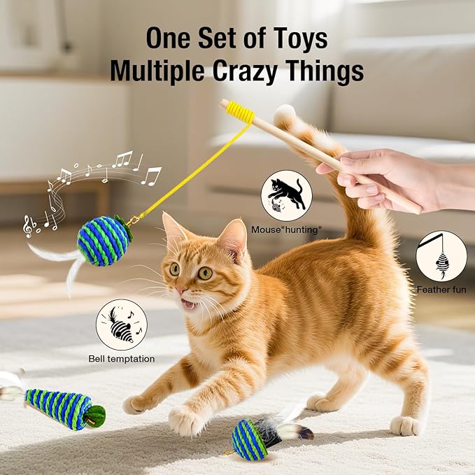 UTEE Cat Feather Wand Toy Set – Interactive Teaser Wand with 7 Replacement Feather Heads, Eco-Friendly Rope Design, Stimulating Indoor Play for Exercise & Bonding (Blue & Green)