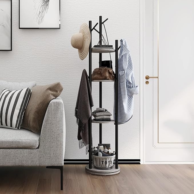 Rotary Coat Rack Freestanding Metal Coat Hall Tree Stand with 4 Tiers Storage Display Shelf and 9 Hooks for Entryway Bedroom Corner Office Garment Clothes Holder (Grey)