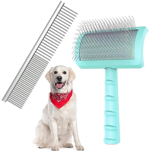 Large Slicker Brush & Green-comb Value Kit, Extra Long Pin Dog Grooming Brush for Curly Hair Goldendoodles, Removes Long and Loose Hair & Undercoat