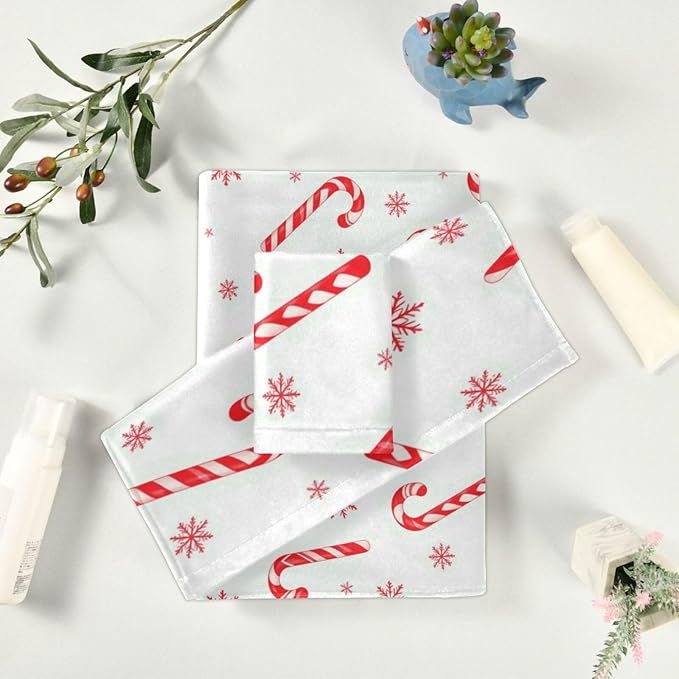 Pfrewn Christmas Winter Towels Set of 3 Red Candy Cane Snowflakes Bathroom Towel Soft Absorbent Bath Hand Towels Washcloth Guest Towel Sets Xmas Holiday Decor