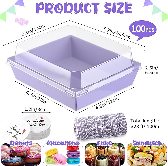 Outus 100 Pack Charcuterie Boxes with Clear Lids, 5.7 x 5.1 '', Mother 's Day Back to School Paper Food Containers Cake Take out Bakery Boxes with Gift Tags Rope for Desserts(Purple,Classic)