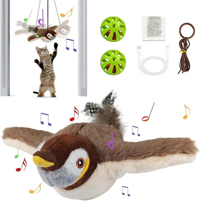 SZMDLX Rechargeable Flapping Sparrow Bird Cat Play Toy with Chirping Sound, Touch Activated Interactive Catnip Kicker, No Flying, Exercise Toy for Kittens, Cats, Small Dogs
