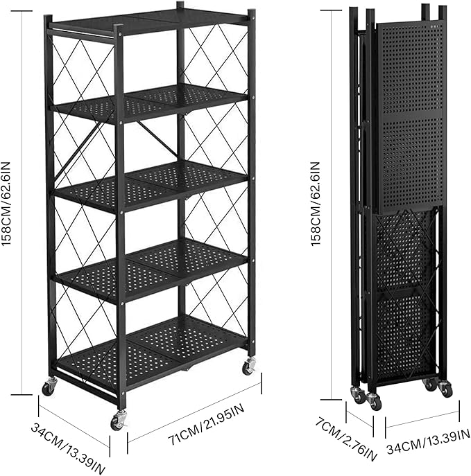 Folding Shelf Foldable Shelves with Wheels - Folding Shelves No Assembly , Collapsible Shelf Unit Display, Kitchen Organizers and Storage, Pop Up Heavy Duty Rack , 5-Tier Black 28"D x 14"W x 63"H