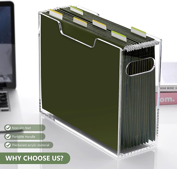 DINGHUO Hanging File Box, Letter Size Acrylic Hanging File Organizer, Clear Portable File Storage Box with Handle, File Folder Holder for Desk Home Office School -1 Pack