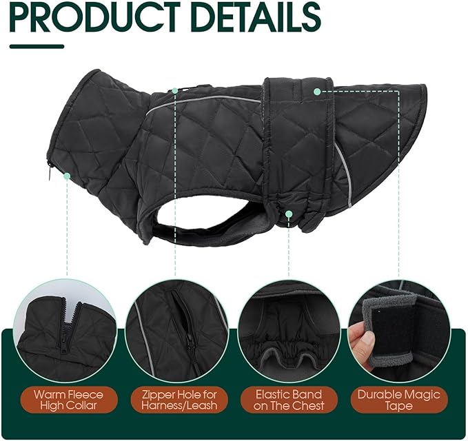 Kuoser Dog Coat, Super-Warm Dog Jacket Windproof Pet Cold Weather Coats for Extra Large Dogs, Fleece Lining Quilted Turtleneck Puppy Snowsuit Reflective Adjustable Doggie Winter Clothes, Grey, 2XL
