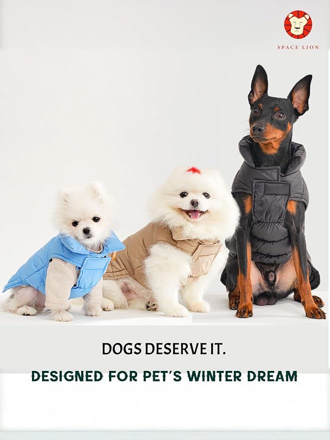 SPACE LION Dog Puffer Jacket, Down Winter Coat, Durable Outdoor Coat for Cold and Windy Conditions, Lightweight & Adjustable Fit Coats for Small Dogs, (Black, Size10/S)