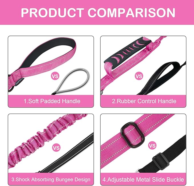 2 Pack Heavy Duty Dog Leash for Medium Large Dogs That Pull,4-6FT Shock Absorbing Bungee Tactical Dog Leash with Control Padded Handle and Car Seatbelt,Reflective Walking Training Lead,Pink