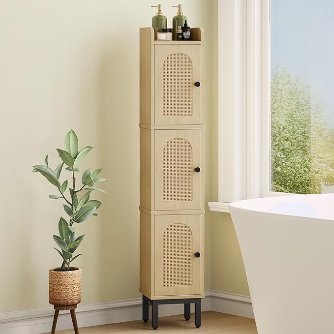 Slim Bathroom Storage Cabinet, Narrow Bathroom Organizers and Storage with 4 Adjustable Feet, Laundry Room Organization for Small Space, Kitchen, Living Room, 3 Doors Rattan Yellow BC22302Y